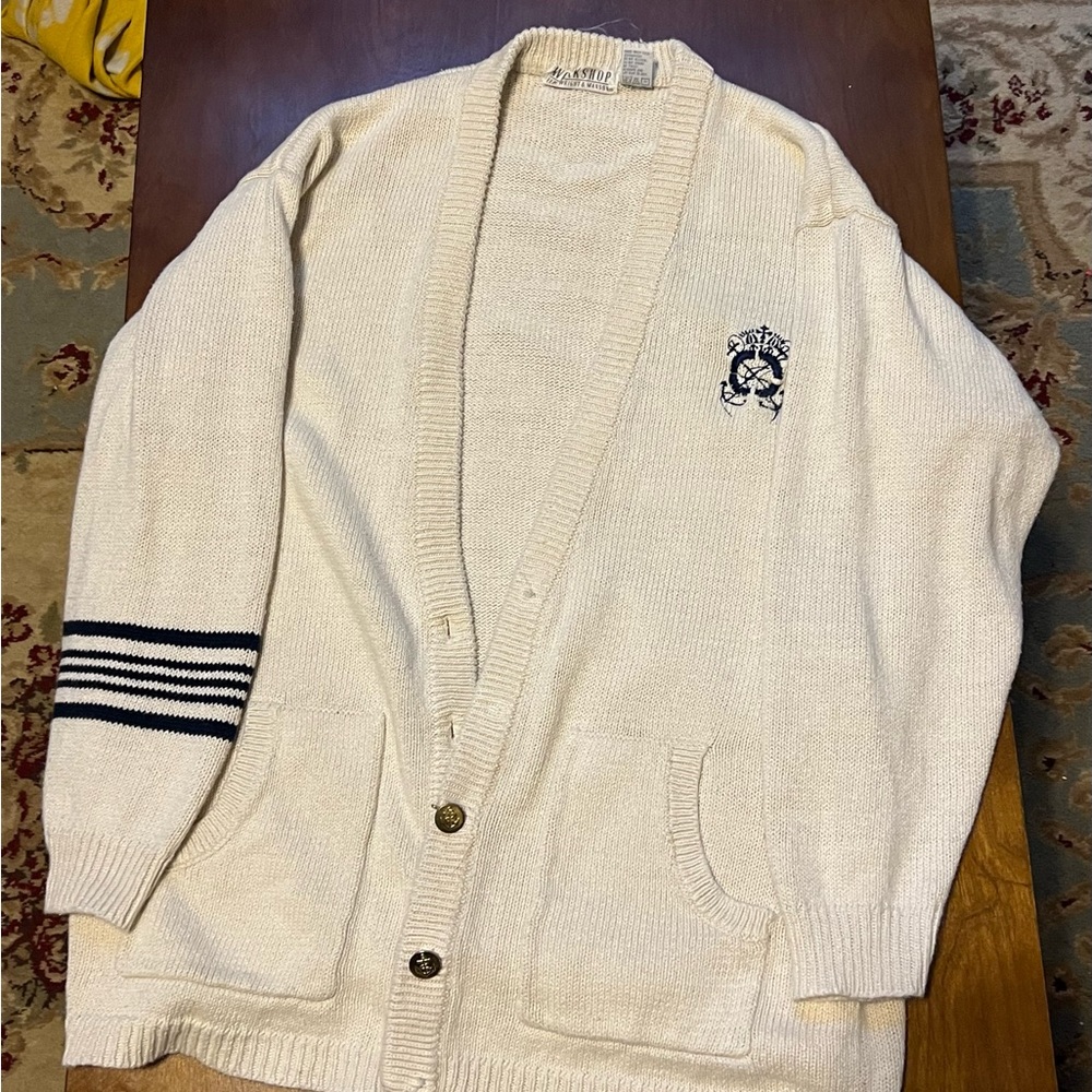 White Workshop Cardigan | Super Cute Large Fluffy Cardigan Sweater w/ Emblem.